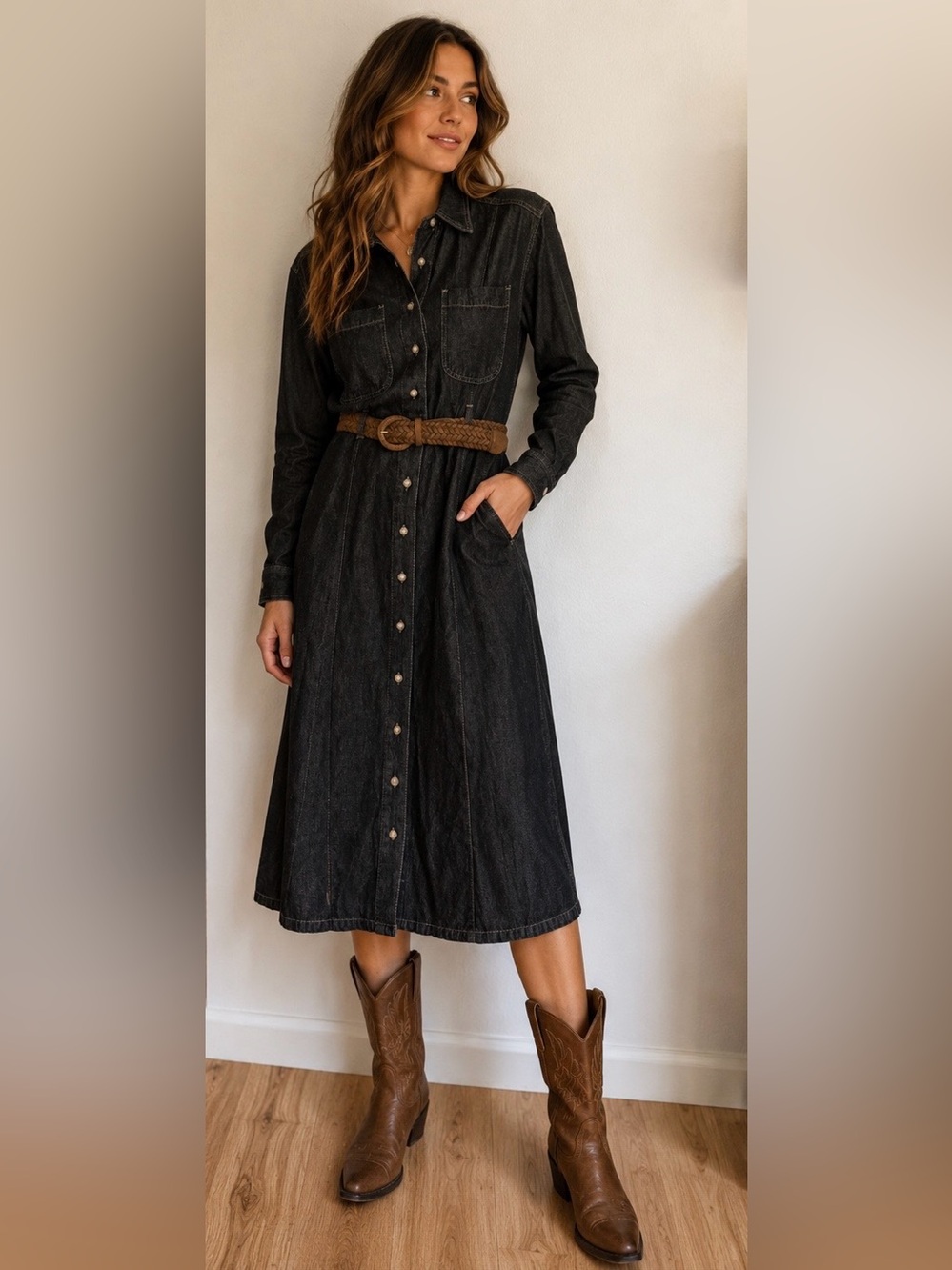 Jeaning Causal Black Denim Western Button-Front Midi Dress w/ Brown Belt. Large